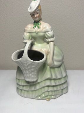 Porcelain Lady Figurine Planter in Light Green. 1940-1959